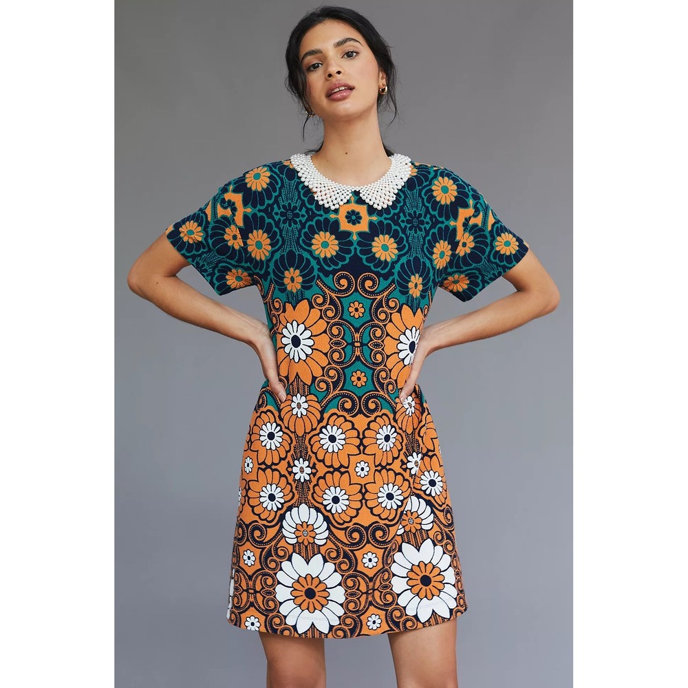 Maeve Anthropologie Floral Shift Mini Dress XS Teal Orange‎ Hippie 70s Retro Mod